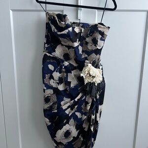 Lanvin Blue and Cream Silk Ruched Bodycon Dress